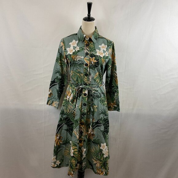 eShakti Dress L/12 Green White Brown Tropical Floral Print Button Front - Picture 1 of 15